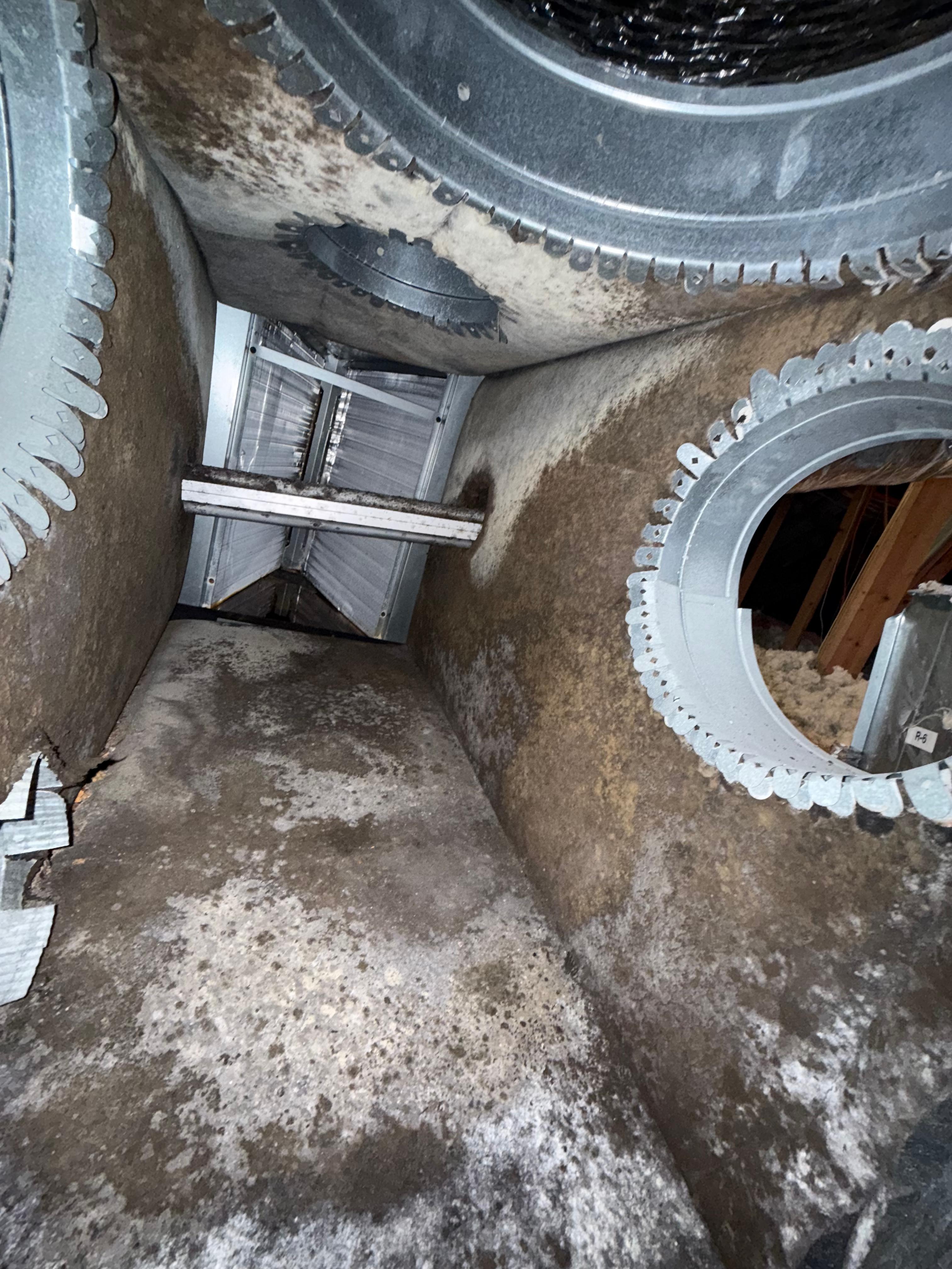 Before and after air duct cleaning showing clean plenum box in Houston TX home